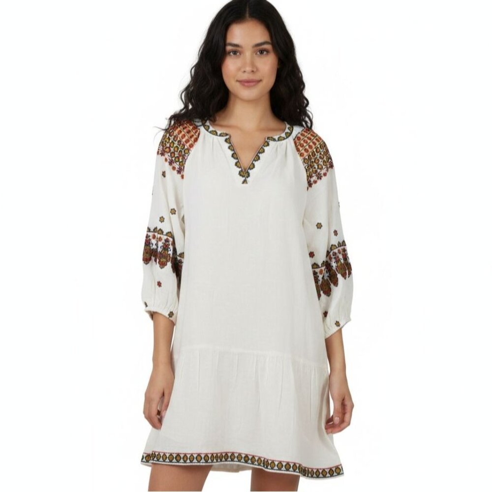 Karen Kane Beige Boho Tiered Dress Women Size XS Embroidered Linen Peasant